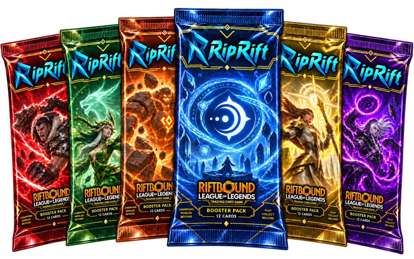 Six RipRift theme packs fanned out — Fury, Body, Chaos, Calm, Order and Mind